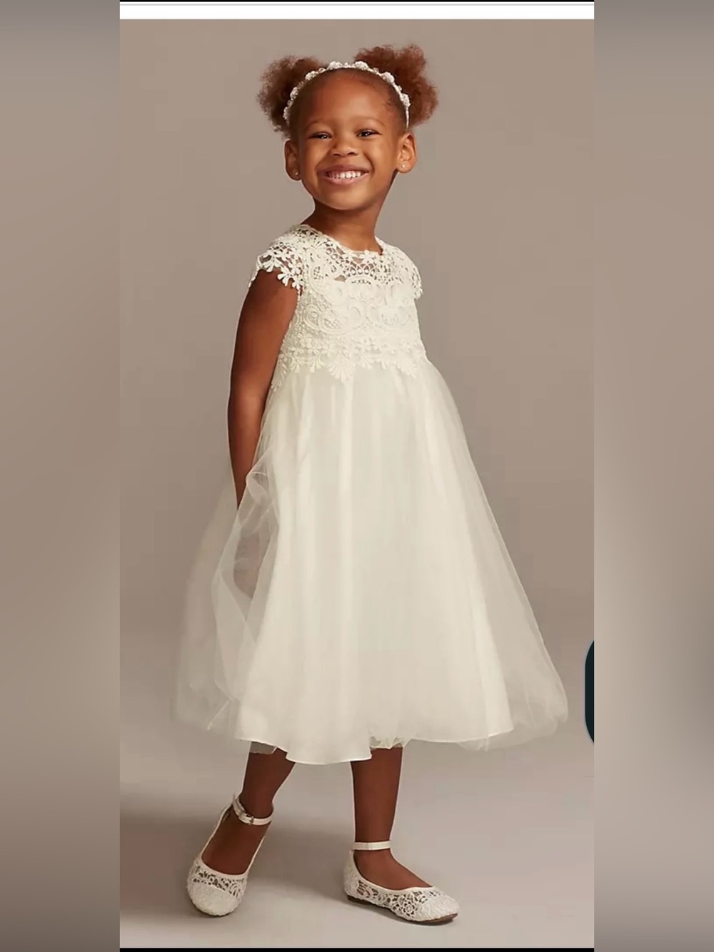 First communion dress, shoes, and flower crown.